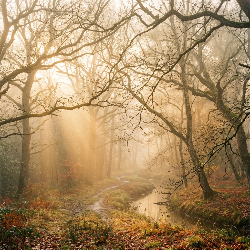 Un bosque iluminado por la luz del atardecer